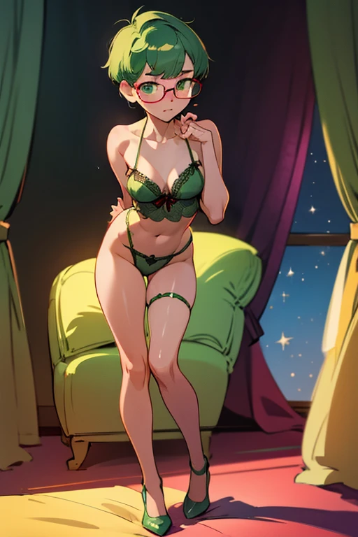 Really embarrassed girl with  green  short  hair and glasses,  in sexy whithe  lingerie, trying to covering itself ,full body  ashamed pose