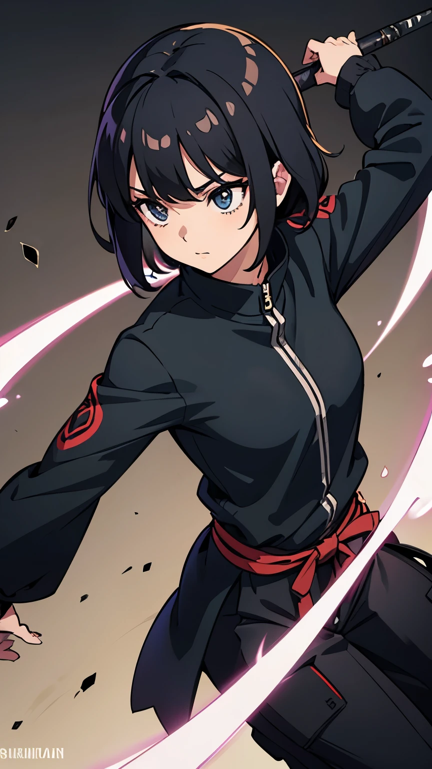 1girl, black ninja jacket, black hair, ninja, kama, shuriken 