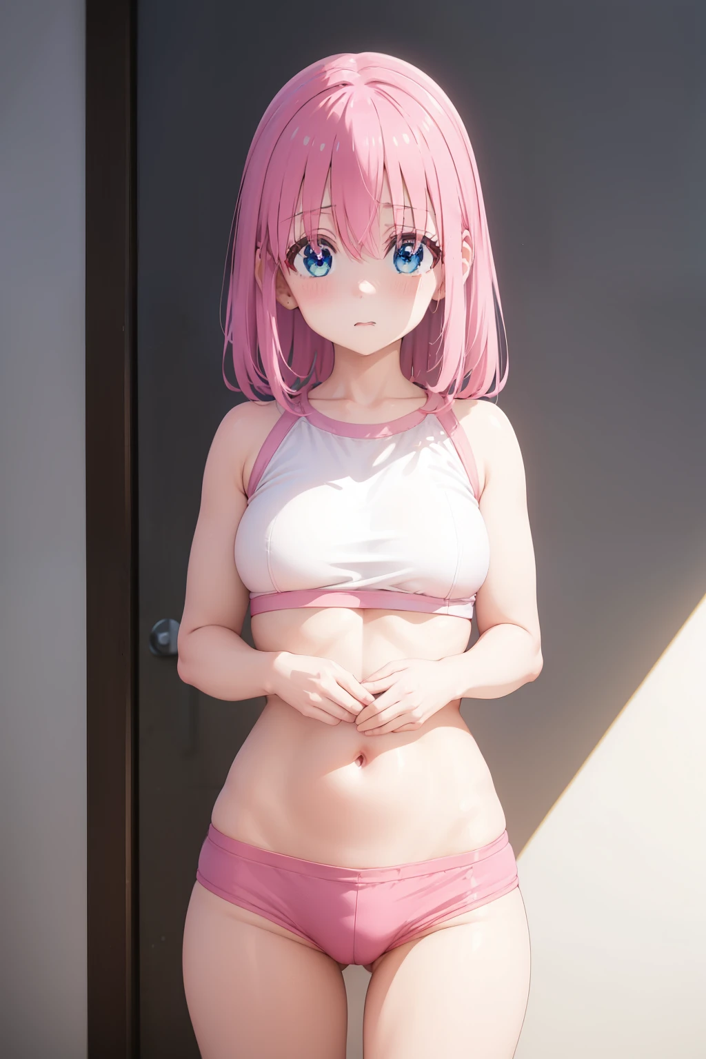 Hitori  gotou ,1girl , anime , masterpiece  , pink color hair , blue eyes , sweat ,  sport  bra , medium  breasts ,  dolphin shorts  , long socks , shy , blush , sexy  , bodybuilding gym   . Standing , ass , nádegas 
