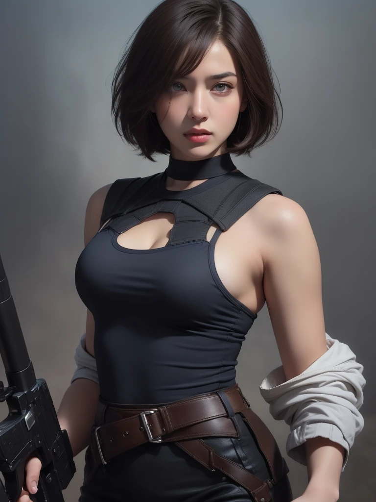a confident woman posing with short, dark brown hair styled in a bob cut. She has light skin and striking blue eyes, with a determined expression on her face. She is wearing a form-fitting blue tank top, black skirt, and a white long-sleeve shirt tied around her waist. She has a black shoulder holster and is holding a handgun in her right hand. The background is a destroyed city, adding to the dramatic and intense atmosphere of the image. The artist's signature is visible near her left shoulder.
