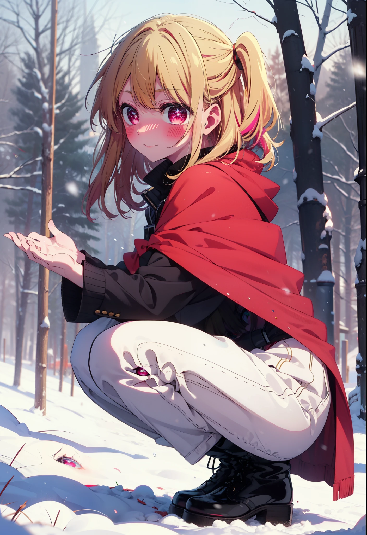 rubyhoshino, Hoshino Ruby, Long Hair, bangs, blonde, (Pink Eyes:1.3), Side Lock, (Symbol-shaped pupil:1.5), Multicolored Hair, Two-tone hair, smile,,smile,blush,white breath,
Open your mouth,snow,Ground bonfire, Outdoor, boots, snowing, From the side, wood, suitcase, Cape, Blurred, , forest, White handbag, nature,  Squat, Mouth closed, Cape, winter, Written boundary depth, Black shoes, red Cape break looking at viewer, Upper Body, whole body, break Outdoor, forest, nature, break (masterpiece:1.2), Highest quality, High resolution, unity 8k wallpaper, (shape:0.8), (Beautiful and beautiful eyes:1.6), Highly detailed face, Perfect lighting, Highly detailed CG, (Perfect hands, Perfect Anatomy),