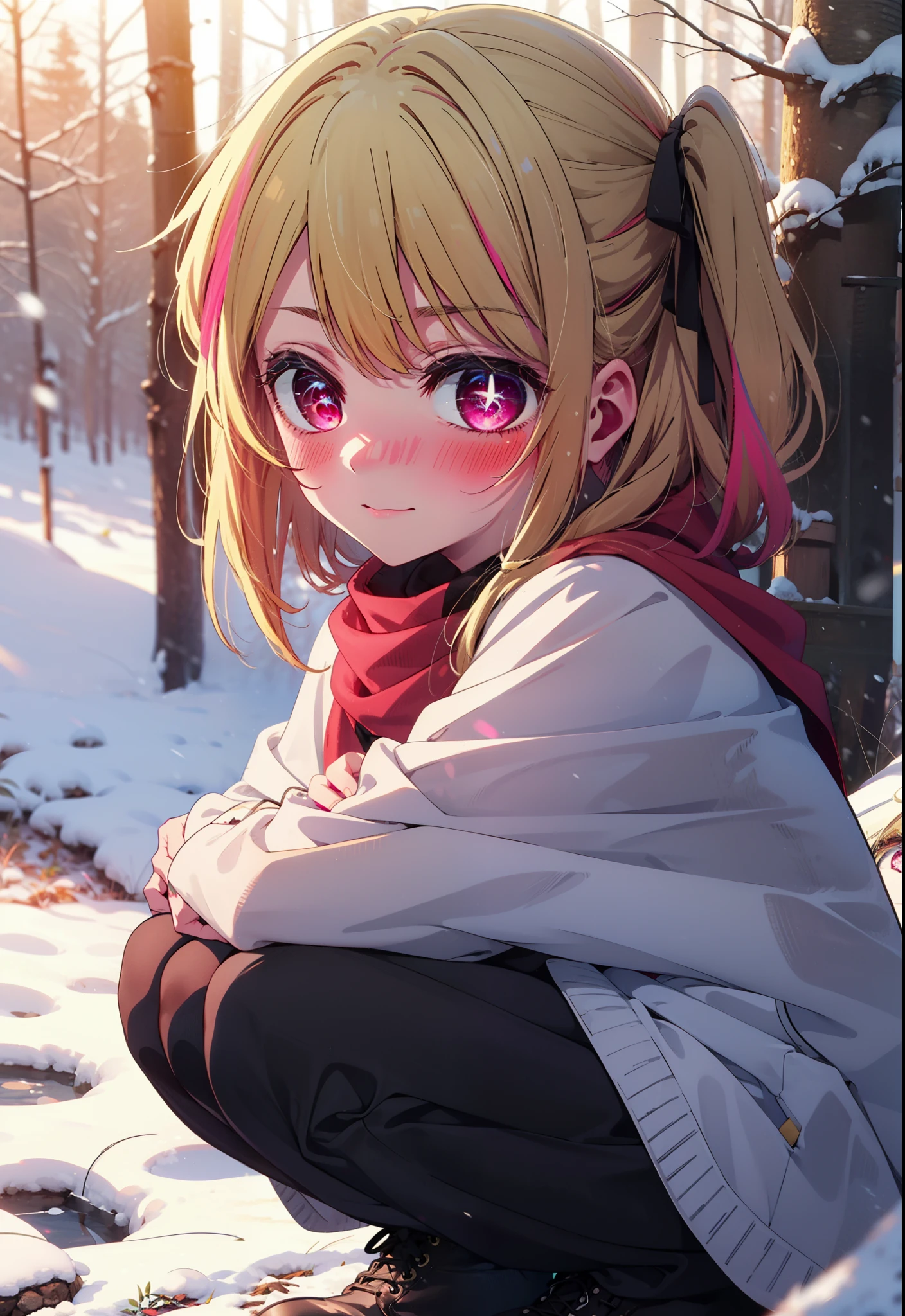 rubyhoshino, Hoshino Ruby, Long Hair, bangs, blonde, (Pink Eyes:1.3), Side Lock, (Symbol-shaped pupil:1.5), Multicolored Hair, Two-tone hair, smile,,smile,blush,white breath,
Open your mouth,snow,Ground bonfire, Outdoor, boots, snowing, From the side, wood, suitcase, Cape, Blurred, , forest, White handbag, nature, Squat, Mouth closed, Cape, winter, Written boundary depth, Black shoes, red Cape break looking at viewer, Upper Body, whole body, break Outdoor, forest, nature, break (masterpiece:1.2), Highest quality, High resolution, unity 8k wallpaper, (shape:0.8), (Beautiful and beautiful eyes:1.6), Highly detailed face, Perfect lighting, Highly detailed CG, (Perfect hands, Perfect Anatomy),