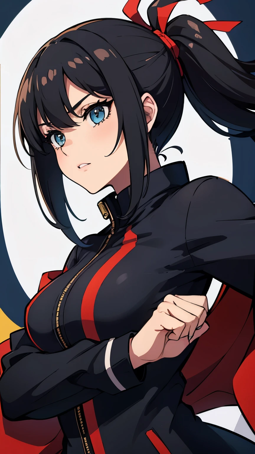 1girl, black ninja jacket, black hair, ninja, kama, shuriken 