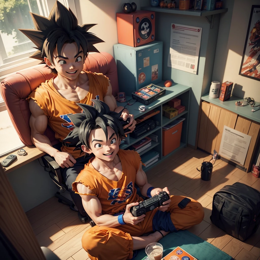 Goku smiling, sitting, playing video games, in a teenager's room. I want the image with anime features, 4K