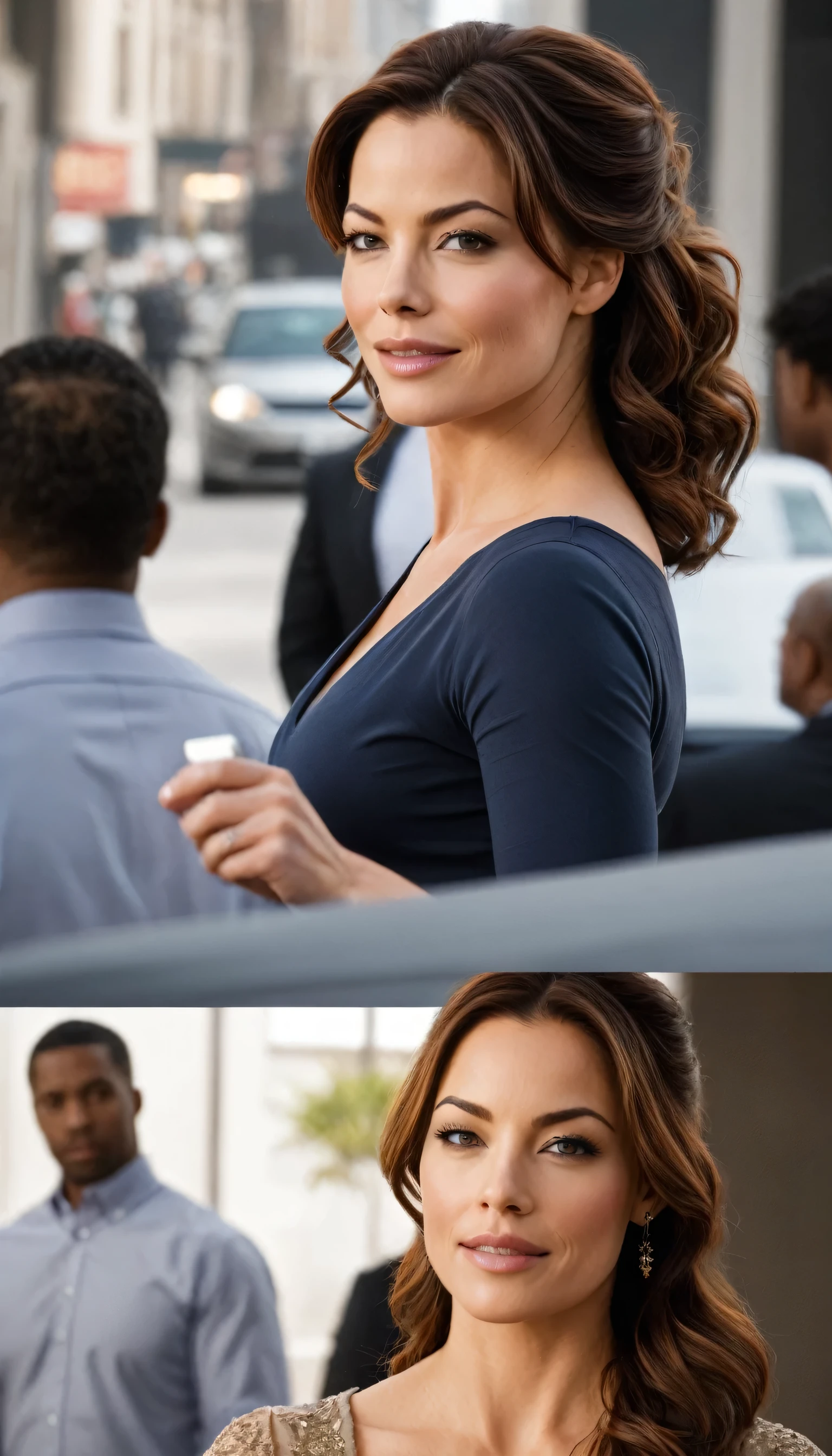 laws lane, played by Erica Durance, is a woman of average height, com aproximadamente 1,73 meters (5 feet 8 inches) Tall. She has an athletic and slender build, reflecting your active and energetic lifestyle. His hair is dark brown, generally long and often seen in a modern, practical style, varying between straight and slightly wavy. His face is well defined, with strong and striking traits. She has brown eyes that are large and expressive, often shining with determination and vivacity. Your skin is clear, and she has a radiant smile that can be both warm and confident, revealing your dynamic personality.