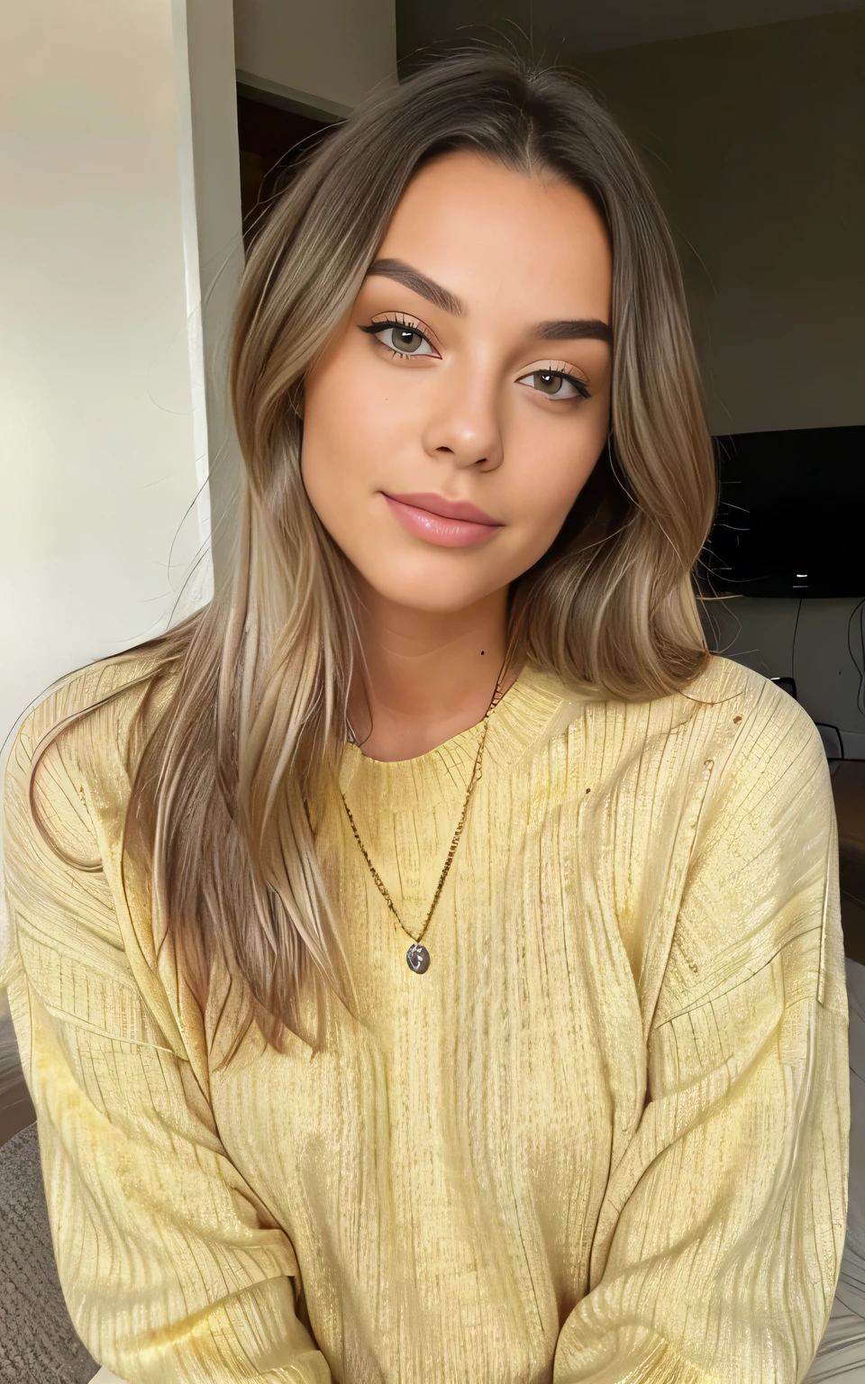 Pretty beautiful dark blonde in a yellow sweater "Old silver style "(to l&#39;interior of&#39;a modern cafe at sunset), very detailed, 21 ans, visage innocent, long natural wavy dark blonde hair, blue eye, high resolution, head of&#39;artwork, best quality,intricate details, very detailed,sharpness, detailed skin,realistic skin texture,texture, detailed eyes, professionnel, 4K, charming smile, shot with Canon, 85mm,shallow depth of field,kodak vision color, corps en parfaite forme, extremely detailed, photo_\(ultra\), photorealistic, realistic, Post-traitement, maximum detail, roughness, real life, ultra realistic, Photorealism, photography, 8k hd, photography