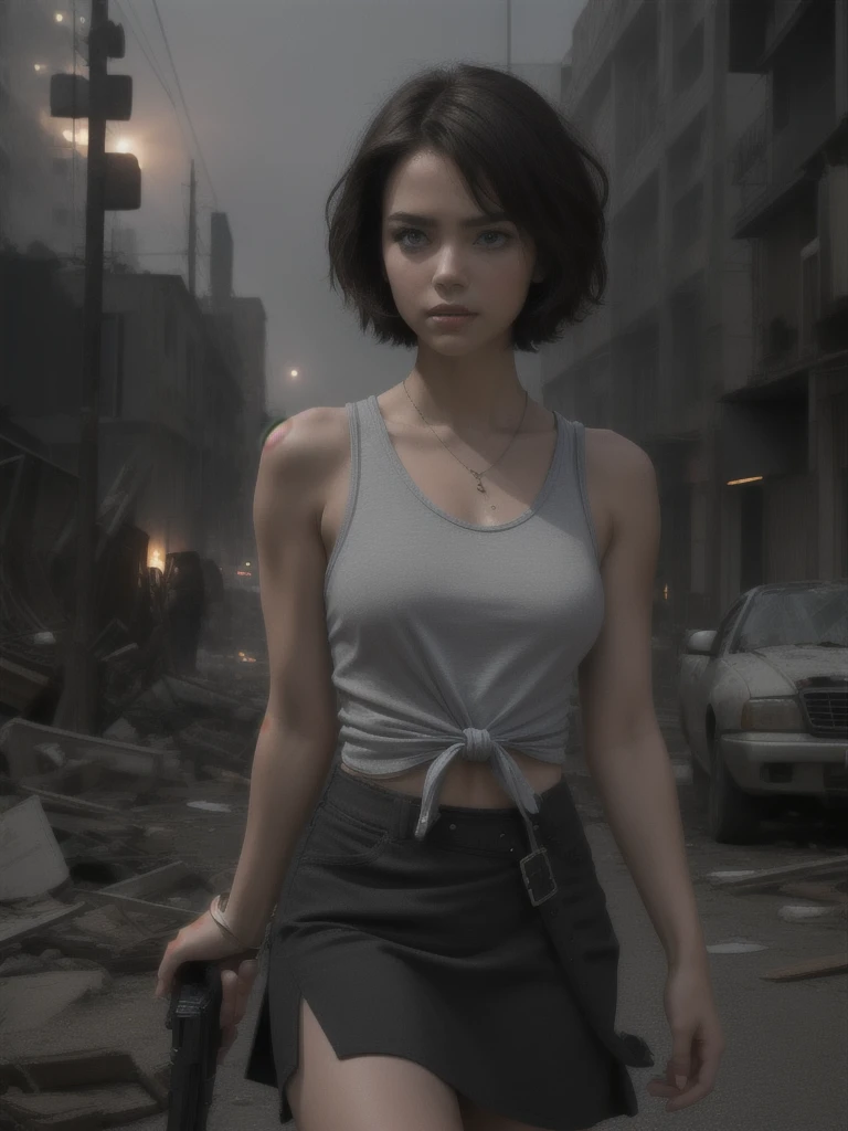 a confident woman posing with short, dark brown hair styled in a bob cut. She has light skin and striking blue eyes, with a determined expression on her face. She is wearing a form-fitting blue tank top, black skirt, and a white long-sleeve shirt tied around her waist. She has a black shoulder holster and is holding a handgun in her right hand. The background is a destroyed city, adding to the dramatic and intense atmosphere of the image. The artist's signature is visible near her left shoulder.