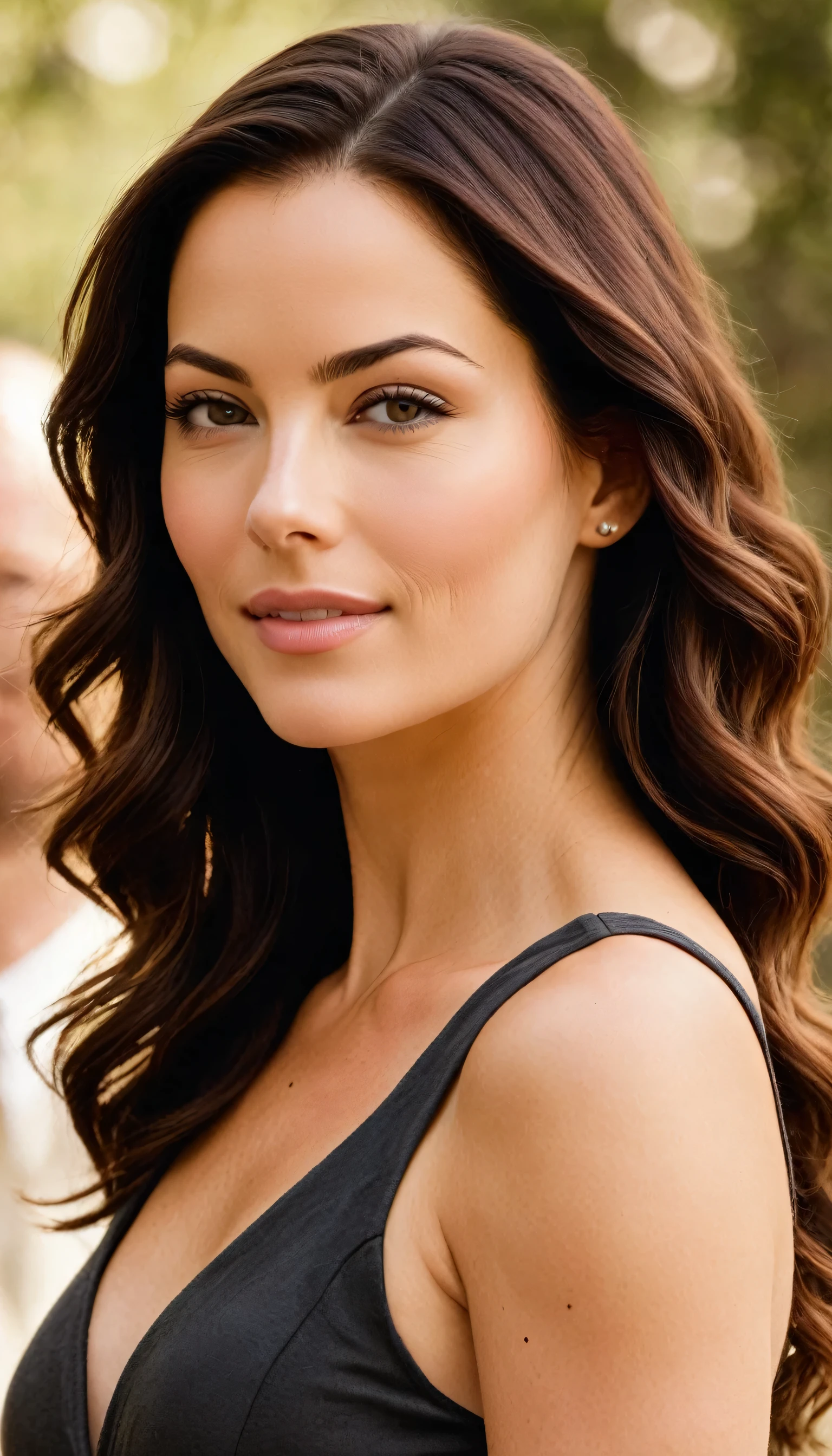 laws lane, played by Erica Durance, is a woman of average height, com aproximadamente 1,73 meters (5 feet 8 inches) Tall. She has an athletic and slender build, reflecting your active and energetic lifestyle. His hair is dark brown, generally long and often seen in a modern, practical style, varying between straight and slightly wavy. His face is well defined, with strong and striking traits. She has brown eyes that are large and expressive, often shining with determination and vivacity. Your skin is clear, and she has a radiant smile that can be both warm and confident, revealing your dynamic personality.