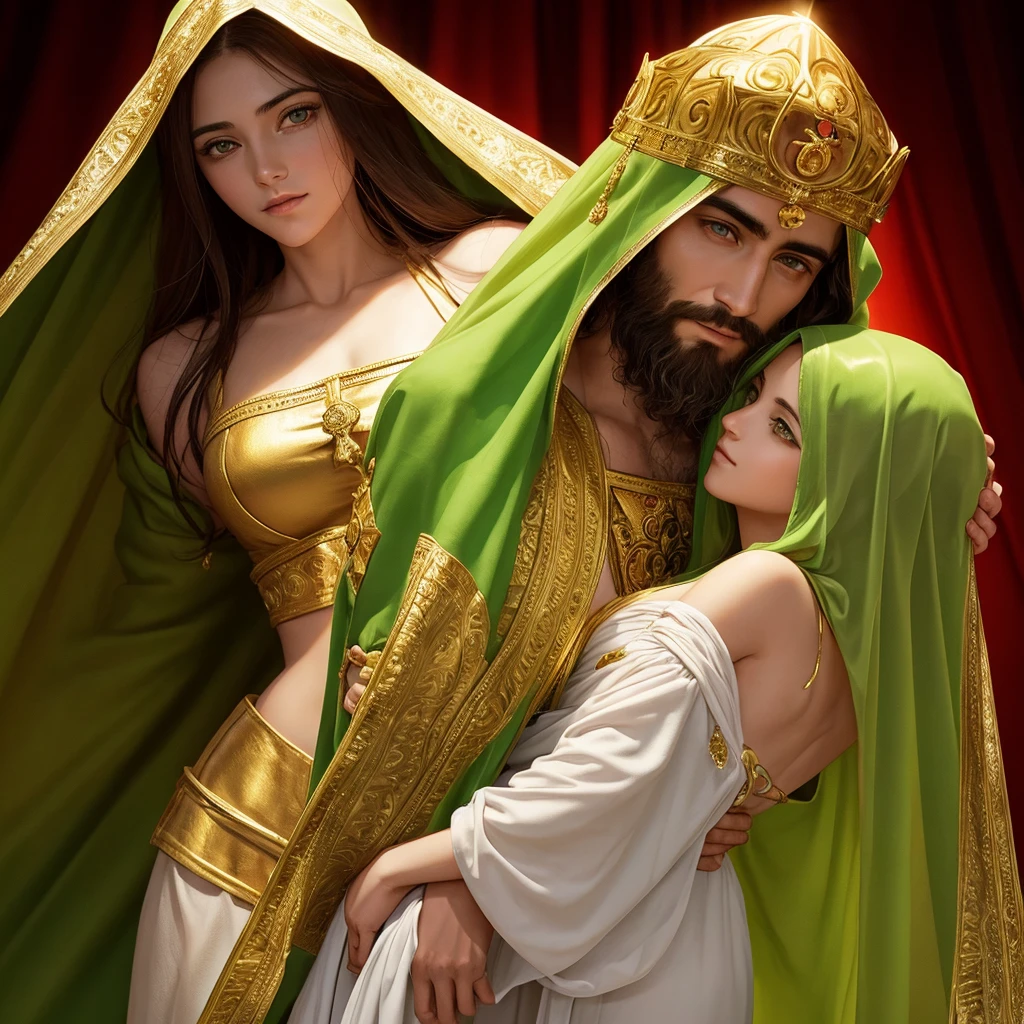 Master Jesus Christ with Hebrew features greenish eyes wrapped in golden energy and Mary Magdalene dressed in a red veil