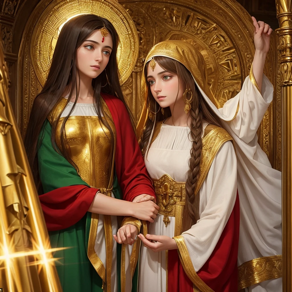 Master Jesus Christ with Hebrew features greenish eyes wrapped in golden energy and Mary Magdalene dressed in a red veil