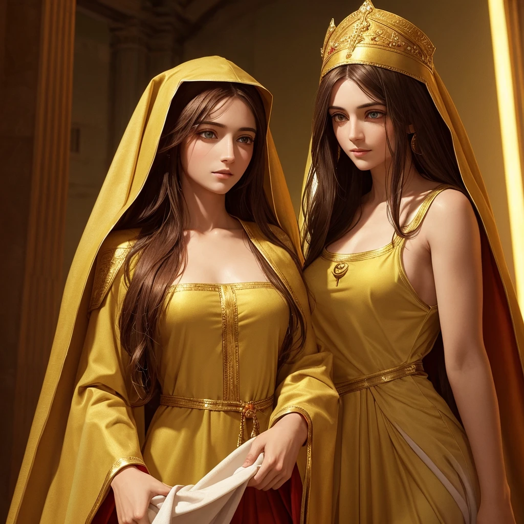 Master Jesus Christ with Hebrew features greenish eyes wrapped in golden energy and Mary Magdalene dressed in a red veil