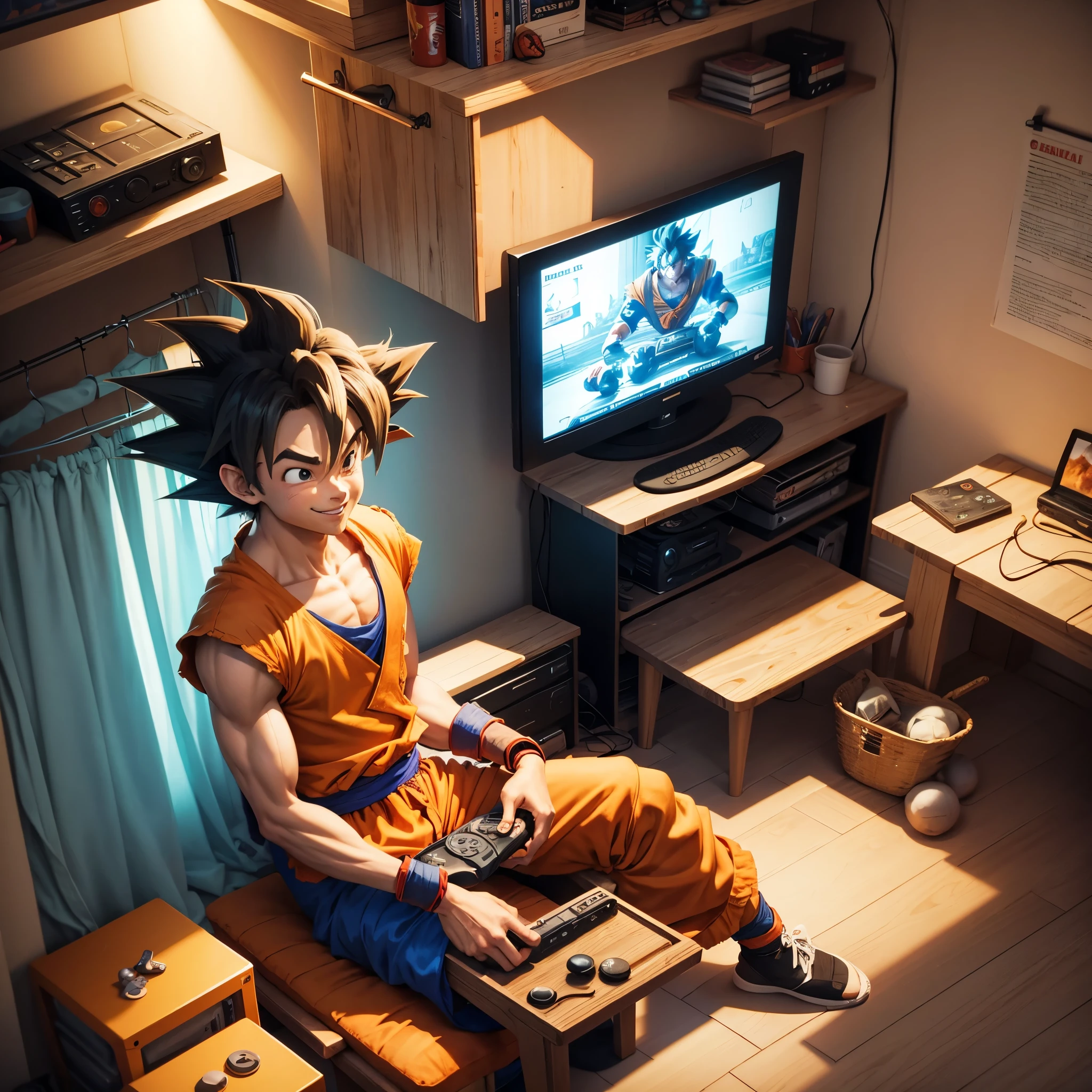 Goku smiling, sitting, playing video games, in a teenager's room. I want the image with anime features, 4K