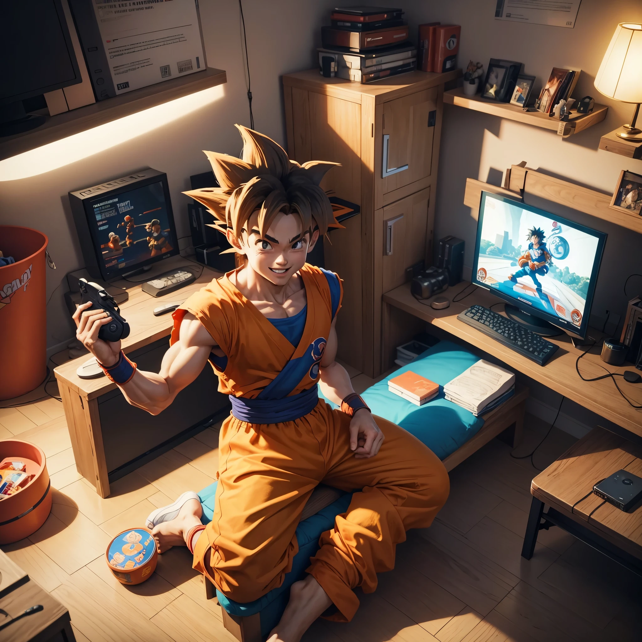 Goku smiling, sitting, playing video games, in a teenager's room. I want the image with anime features, 4K