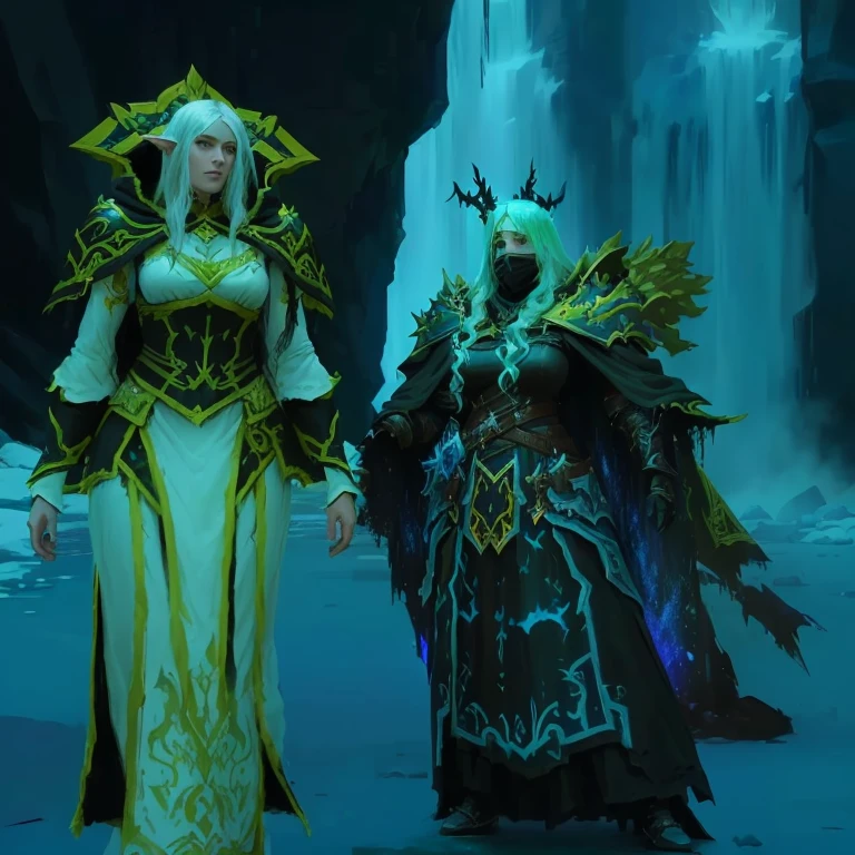 two female characters in costume in front of a waterfall, death knight, wearing cloak on the destroyed plain, death knight, medium shot of two characters, wearing mage robes, npc with a saint\Hello, world of warcraft elven druid, Arthas Menethil, npc with a saintHello, intricate robes, from world of warcraft, rich