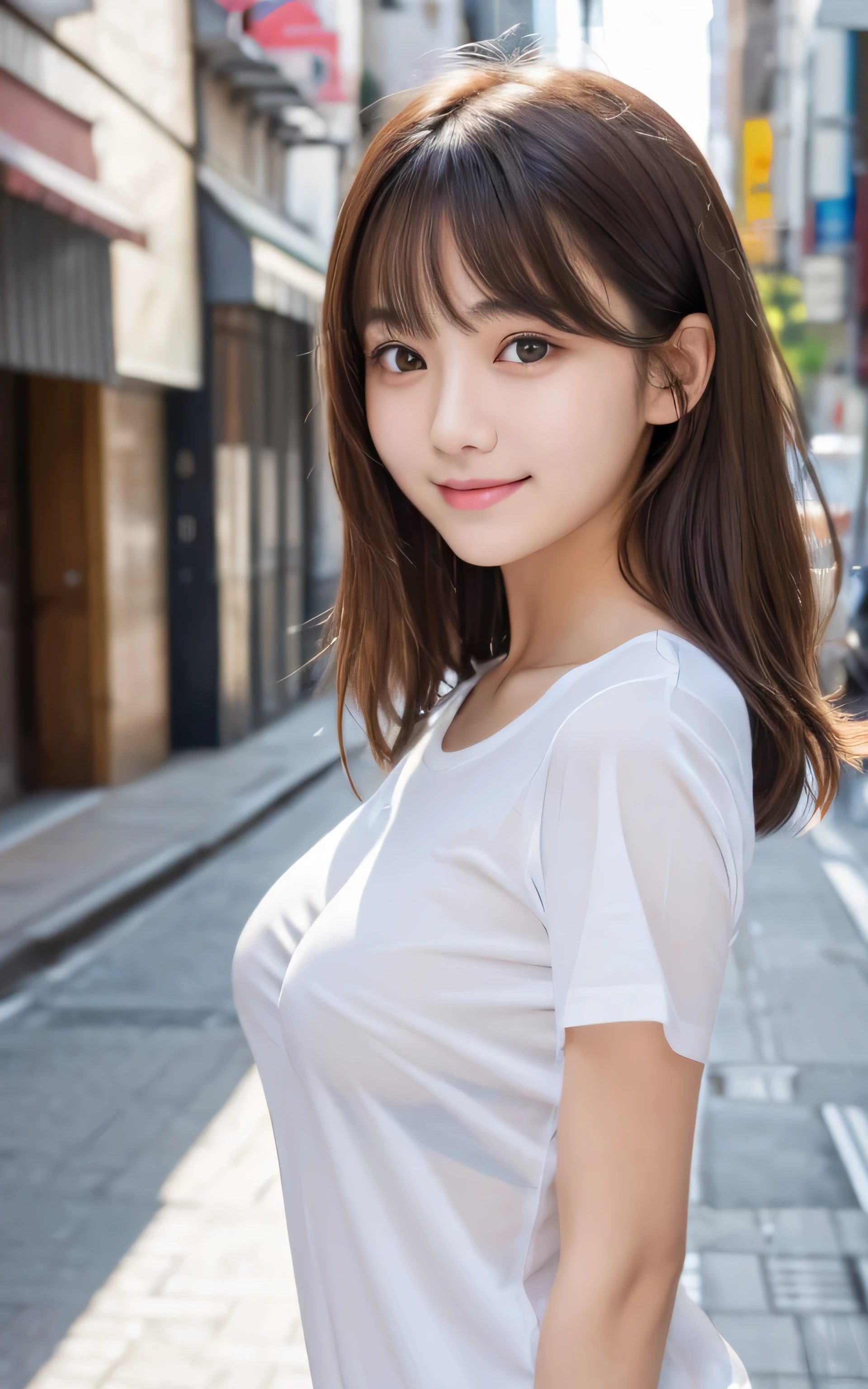 Tabletop, Highest quality, shape, Very detailed, High resolution, 8k wallpaper, Perfect dynamic composition, One Japanese woman,Beautiful and beautiful eyes, Cute eyes,Large Breasts,(from below:1.2),Natural Lip, white T-shirt,(see-through nipples:1.1),bustling street,Very fine grain definition,(Round face),beautiful girl,,Realistic,Tiny bangs,Droopy eyes,A shy smile,Brown Hair,Aligned teeth,