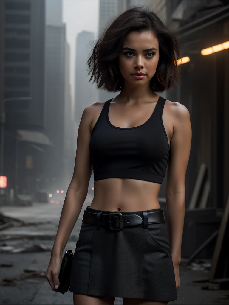 a confident woman posing with short, dark brown hair styled in a bob cut. She has light skin and striking blue eyes, with a determined expression on her face. She is wearing a form-fitting blue tank top, black skirt, and a white long-sleeve shirt tied around her waist. She has a black shoulder holster and is holding a handgun in her right hand. The background is a destroyed city, adding to the dramatic and intense atmosphere of the image. The artist's signature is visible near her left shoulder.