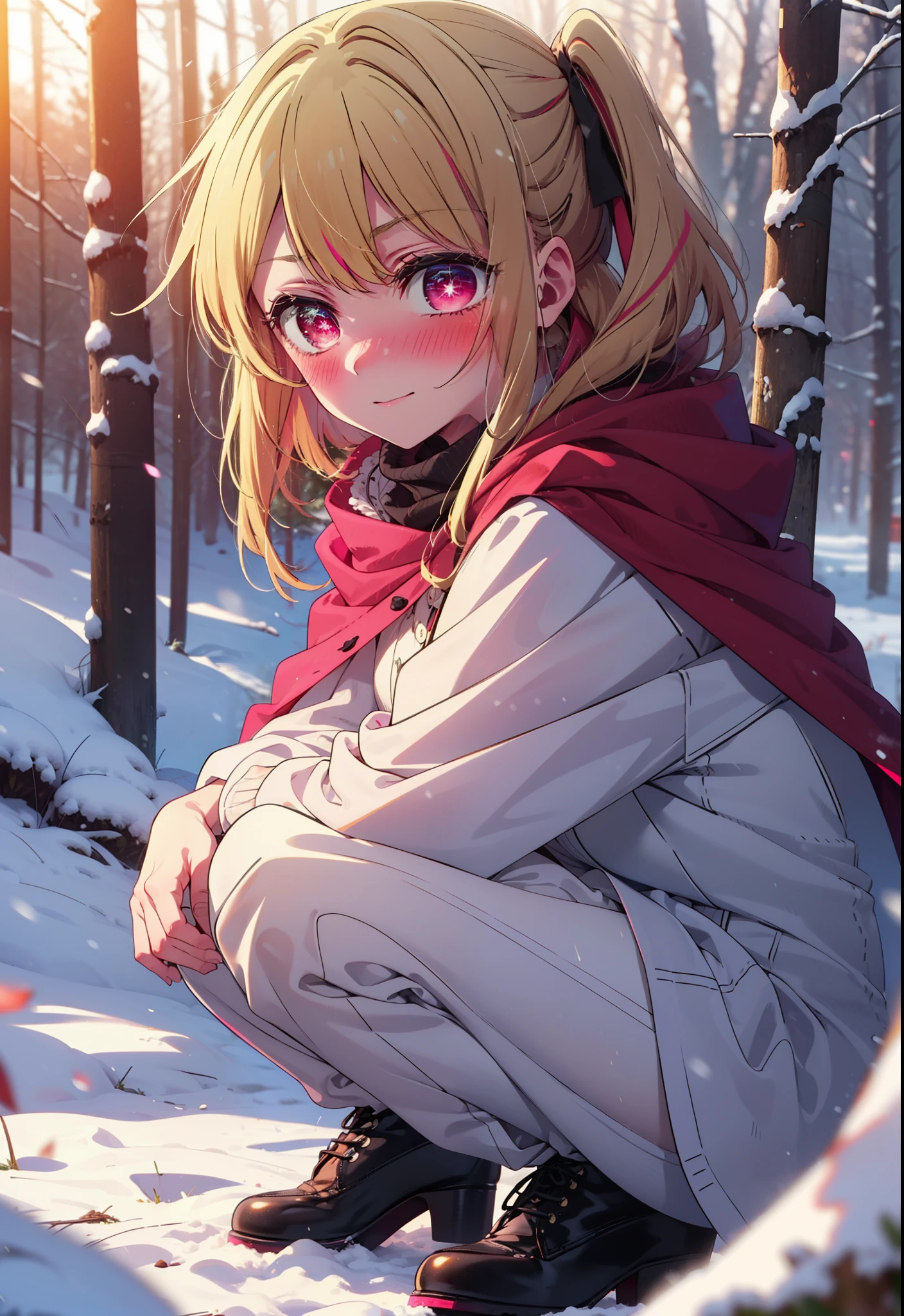 rubyhoshino, Hoshino Ruby, Long Hair, bangs, blonde, (Pink Eyes:1.3), Side Lock, (Symbol-shaped pupil:1.5), Multicolored Hair, Two-tone hair, smile,,smile,blush,white breath,
Open your mouth,snow,Ground bonfire, Outdoor, boots, snowing, From the side, wood, suitcase, Cape, Blurred, , forest, White handbag, nature, Squat, Mouth closed, Cape, winter, Written boundary depth, Black shoes, red Cape break looking at viewer, Upper Body, whole body, break Outdoor, forest, nature, break (masterpiece:1.2), Highest quality, High resolution, unity 8k wallpaper, (shape:0.8), (Beautiful and beautiful eyes:1.6), Highly detailed face, Perfect lighting, Highly detailed CG, (Perfect hands, Perfect Anatomy),
