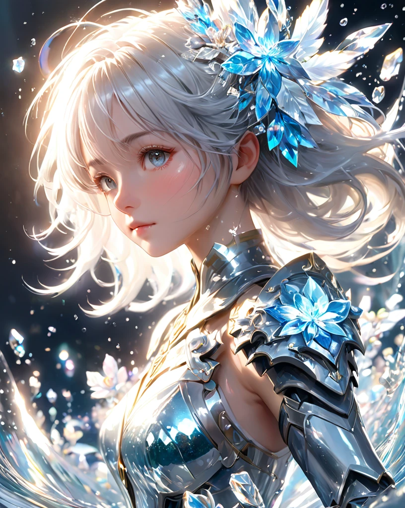 Masterpiece, high quality, best quality, official art, beauty and water ring, ice, a girl surrounded by rings of water, ice and water, photorealistic, 1girl, power_armor, french woman, full body, Glowing eyes, tears, Golden eyeshadows, flowers, dynamic angle,elegant, romantic film, highly detailed, skin detail realistic, Glass fragments, Shimmering Crystal, looking at viewer, profile, white hair, backlighting, wind, dynamic angle, beautiful detailed glow