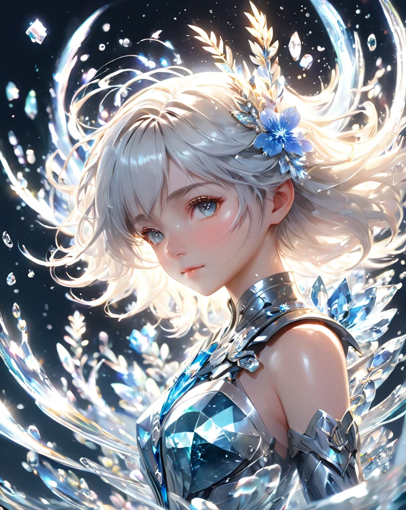 Masterpiece, high quality, best quality, official art, beauty and water ring, ice, a girl surrounded by rings of water, ice and water, photorealistic, 1girl, power_armor, french woman, full body, Glowing eyes, tears, Golden eyeshadows, flowers, dynamic angle,elegant, romantic film, highly detailed, skin detail realistic, Glass fragments, Shimmering Crystal, looking at viewer, profile, white hair, backlighting, wind, dynamic angle, beautiful detailed glow
