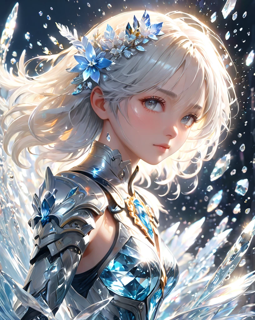 Masterpiece, high quality, best quality, official art, beauty and water ring, ice, a girl surrounded by rings of water, ice and water, photorealistic, 1girl, power_armor, french woman, full body, Glowing eyes, tears, Golden eyeshadows, flowers, dynamic angle,elegant, romantic film, highly detailed, skin detail realistic, Glass fragments, Shimmering Crystal, looking at viewer, profile, white hair, backlighting, wind, dynamic angle, beautiful detailed glow
