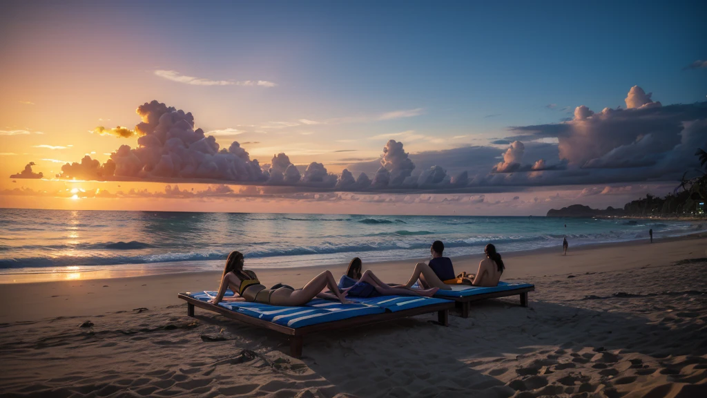 Brazilian beach with people lying relaxed with sunset in blue, orange and gold colors