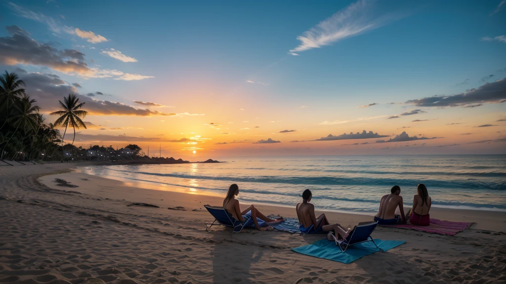 Brazilian beach with people lying relaxed with sunset in blue, orange and gold colors