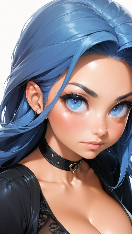Masterpiece, raw, beautiful art, professional artist, 8k, art style by sciamano240, very detailed face, very detailed hair, 1 mature woman, perfectly drawn body, beautiful face, long hair, light blue hair , very detailed blue eyes, pouty lips , rosey cheeks, intricate details in eyes, playful smile, looking directly at viewer , in love with viewer expression, black chocker, lipstick, very close up on face, studio setting,