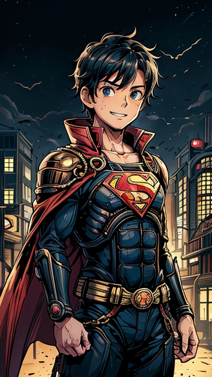 (8k),(masterpiece),(Japanese),(13-year-old boy),((innocent look)),((Childish)),From the front,Cowboy shot, upper body, smile,cute,Innocent,Kind eyes,Flat chest, DC Superman superhero, red cape, short,Hair blowing in the wind, Black Hair,Strong wind,midnight,dark, pitch black,SteamPunk Design Metropolis City,