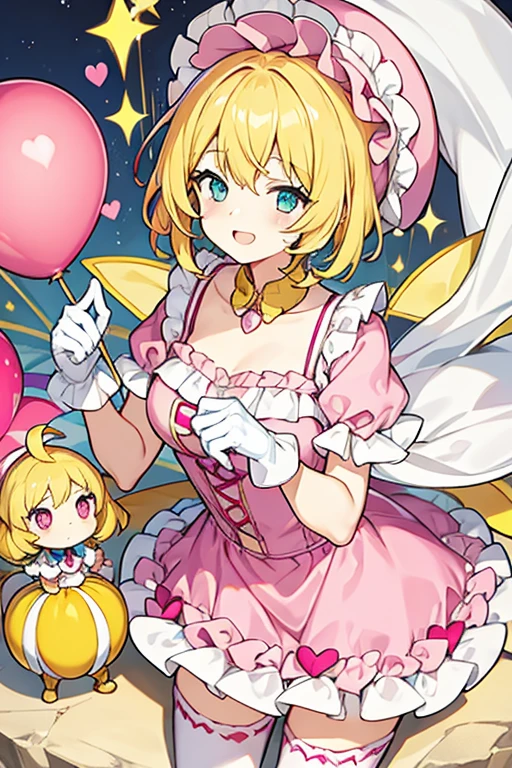 women, short yellow hair, clown makeup, pink hat, pink and white dress, white gloves, Payasa