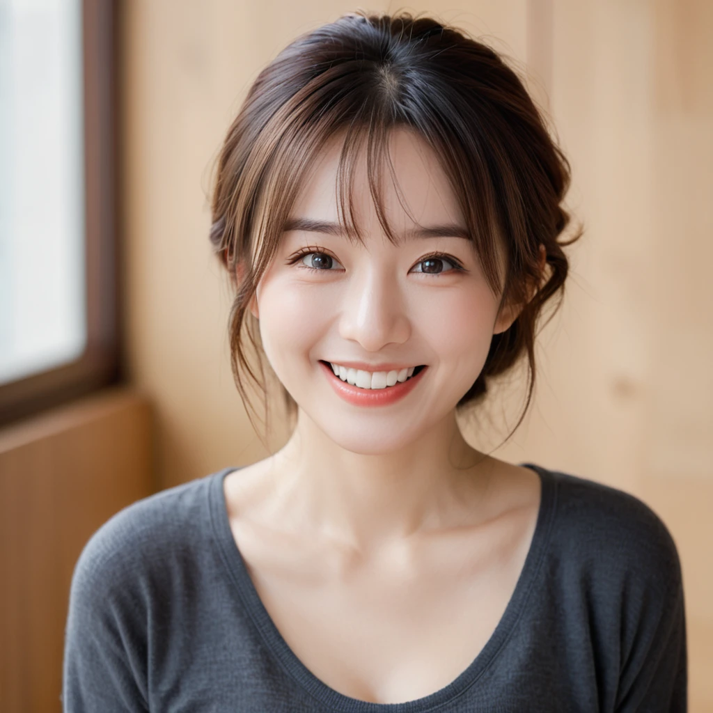 Face Focus, Portraiture, Highest quality, Super Fine, 16K, A beautiful and cute woman smiling gently while exuding fatigue, The background is simple and warm.、High resolution, chest, smile, Open your mouth a little, chest, 大きなchest, Open your mouth, Open your mouth a little, smile, 