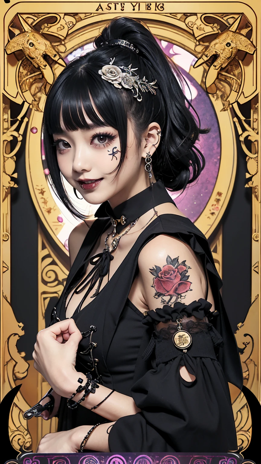Realistic、A delicate and detailed masterpiece、Highest quality、Highest quality、(Tarot card style:1.3)、Purple Rose Background、One Woman、Upper body photo、(Speak with your fistartial Artist、Kung Fu Costumes:1.3)、(Gothic punk outfit:1.3)、(Black Hair、ponytail、Short Hair:1.2)、Natural Makeup、Eyelash extensions、Draw eyelashes sharply、Thin eyebrows、Deep orange blush、Grin, Showing teeth、Slightly red cheeks、16 year old female