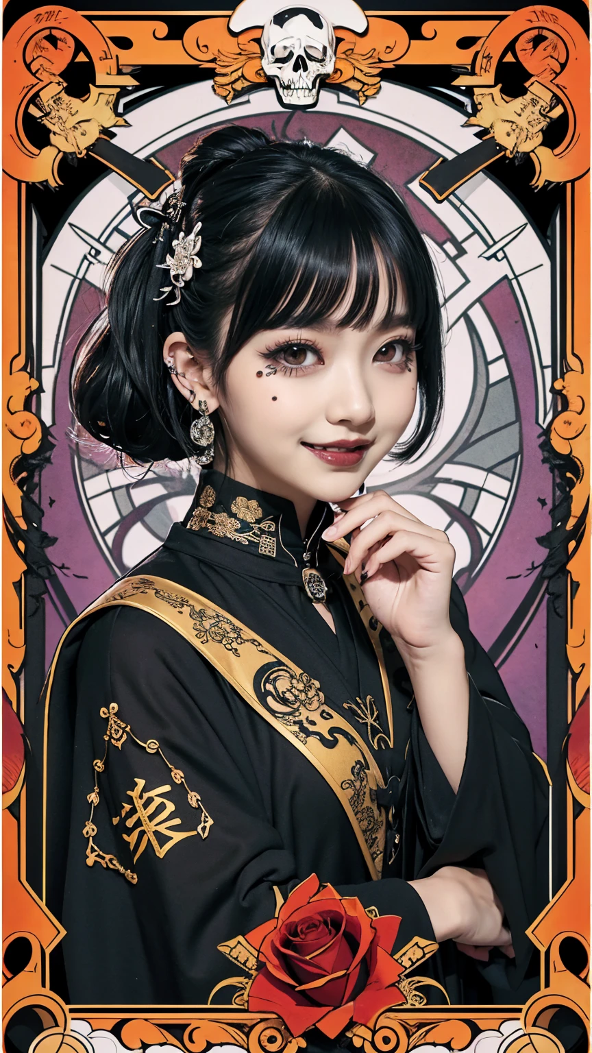 Realistic、A delicate and detailed masterpiece、Highest quality、Highest quality、(Tarot card style:1.3)、Purple Rose Background、One Woman、Upper body photo、(Speak with your fistartial Artist、Kung Fu Costumes:1.3)、(Gothic punk outfit:1.3)、(Black Hair、ponytail、Short Hair:1.2)、Natural Makeup、Eyelash extensions、Draw eyelashes sharply、Thin eyebrows、Deep orange blush、Grin, Showing teeth、Slightly red cheeks、16 year old female