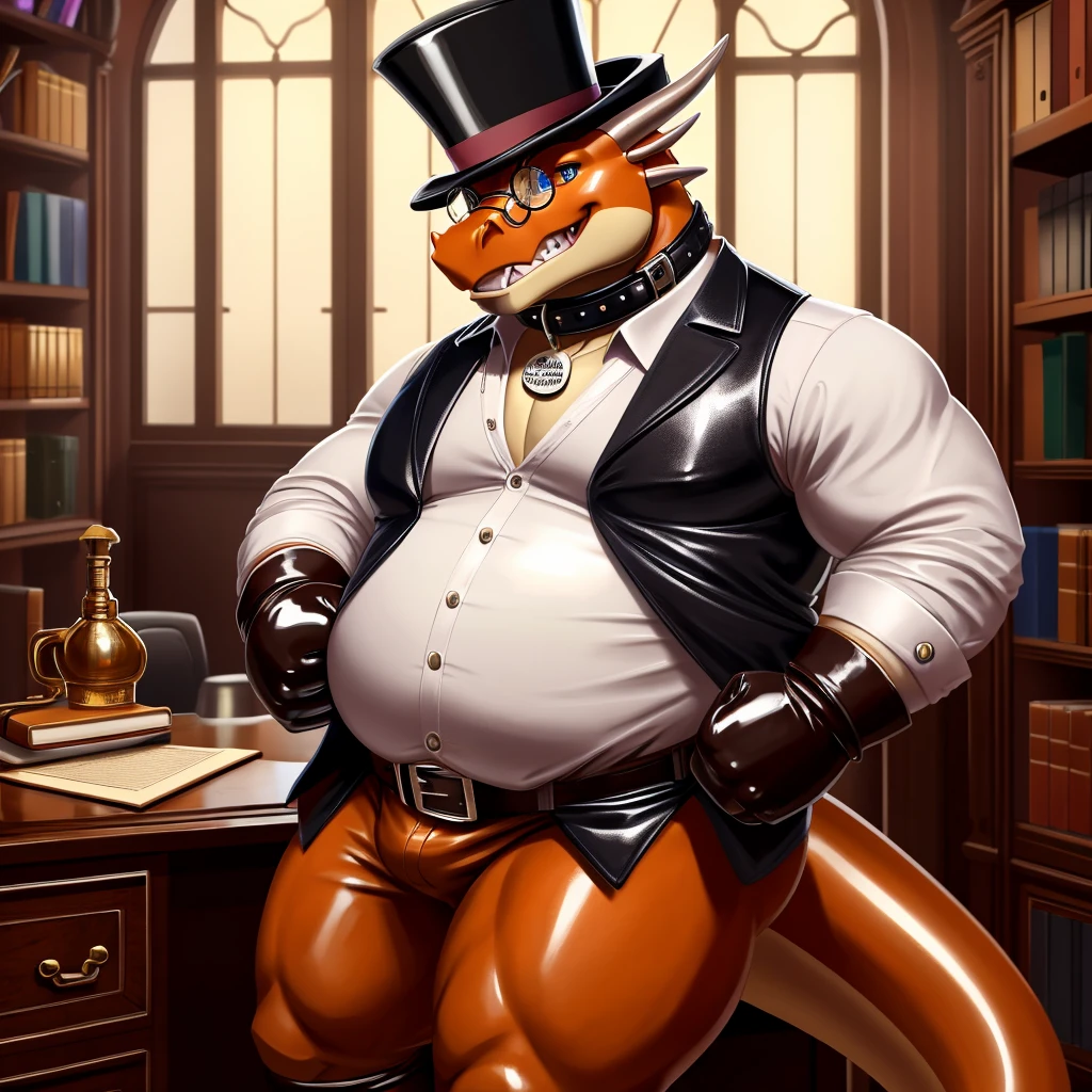 Solo, Male, fat, extremely obese, gentleman, dapper Professor Dragon, blue eyes, (posing:1.3), (soft shading), 4k, hi res, ((detailed face, detailed)), looking at viewer, mouth wide open, steampunk, dapper clothing, collared shirt with buttons, top hat, male focus, Explorer Outfit, glasses, monocle, vest with buttons, sleeves rolled up, round eyewear, brown headwear, brown vest, office, Dragon is wearing a glossy leather dog collar around the neck, Dragon is wearing the leather collar and shirt and vest at the same time, Dragon is wearing glossy white rubber gloves on the hands, wearing white rubber gloves on the feet, gloves are rubber in texture, clenching teeth, clenching fists, leather collar is glossy and shiny with a lot of detail, Dragon is wearing gloves and leather collar at the same time, leather collar has a round dog-tag, leather collar is thick and detailed, leather collar is glossy and shiny, fancy clothing, dapper vest, dapper shirt, leather collar is thick, glossy leather collar, Dragon is getting dressed in his dapper attire.