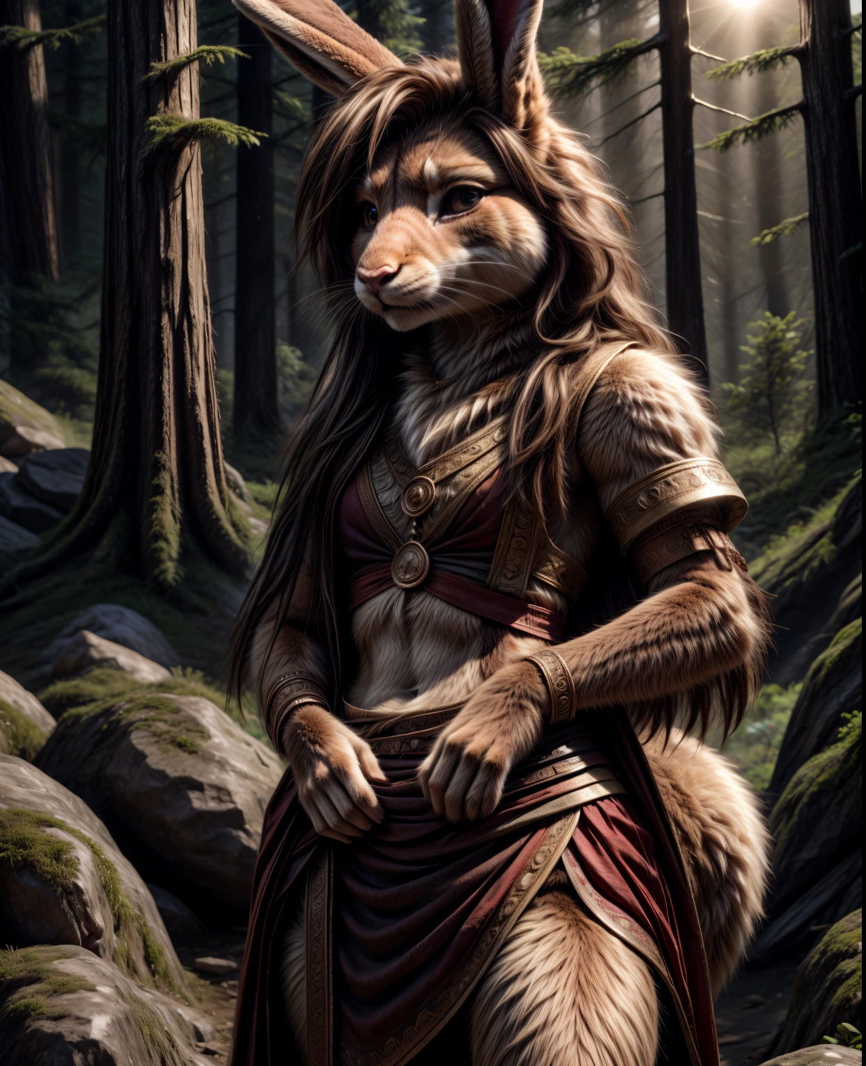 (Ultra-HD-details), (anime \(style\)), âªONE FOR ALL Â«FurryÂ» by Chaos Experience 
hare, anthro, furry, female, feminine, fur, detailed fur, whiskers
cartoon, detailed lines, visually stunning
(detailed lighting, depth of field:0.9), detailed color, vivid color
perfect hands, detailed hands
(beautiful, cute, fluffy:1.2), detailed body,  1girl, solo, smile
outdoors, nature, tribal accessories, tribal clothes