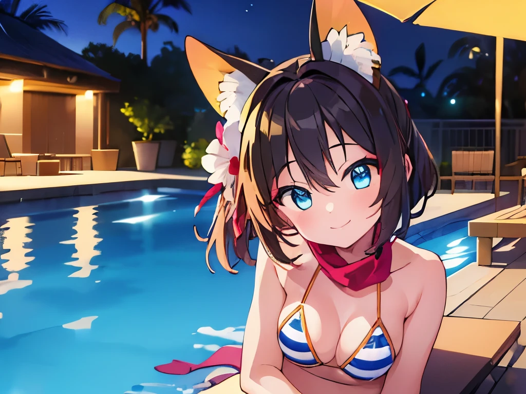 ((masterpiece)), ((best quality)), (ultra-detailed), pool, night, a cute girl, 1girl, solo, bikini, ((beautiful eyes)), smile