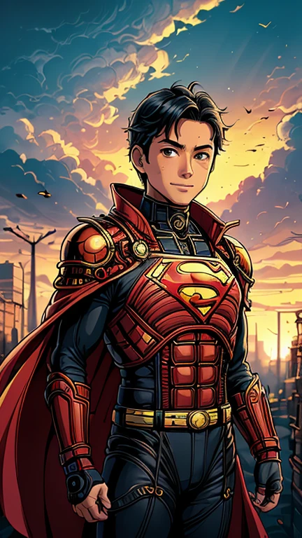 (8k),(masterpiece),(Japanese),(-yeld bo((innocent look)),((Childish)),From the front,Cowboy shot, upper body, smile,cute,Innocent,Kind eyes,Flat chest, DC Superman superhero, red cape, short,Hair blowing in the wind, Black Hair,Strong wind,midnight,dark, pitch black,SteamPunk Design Metropolis City,