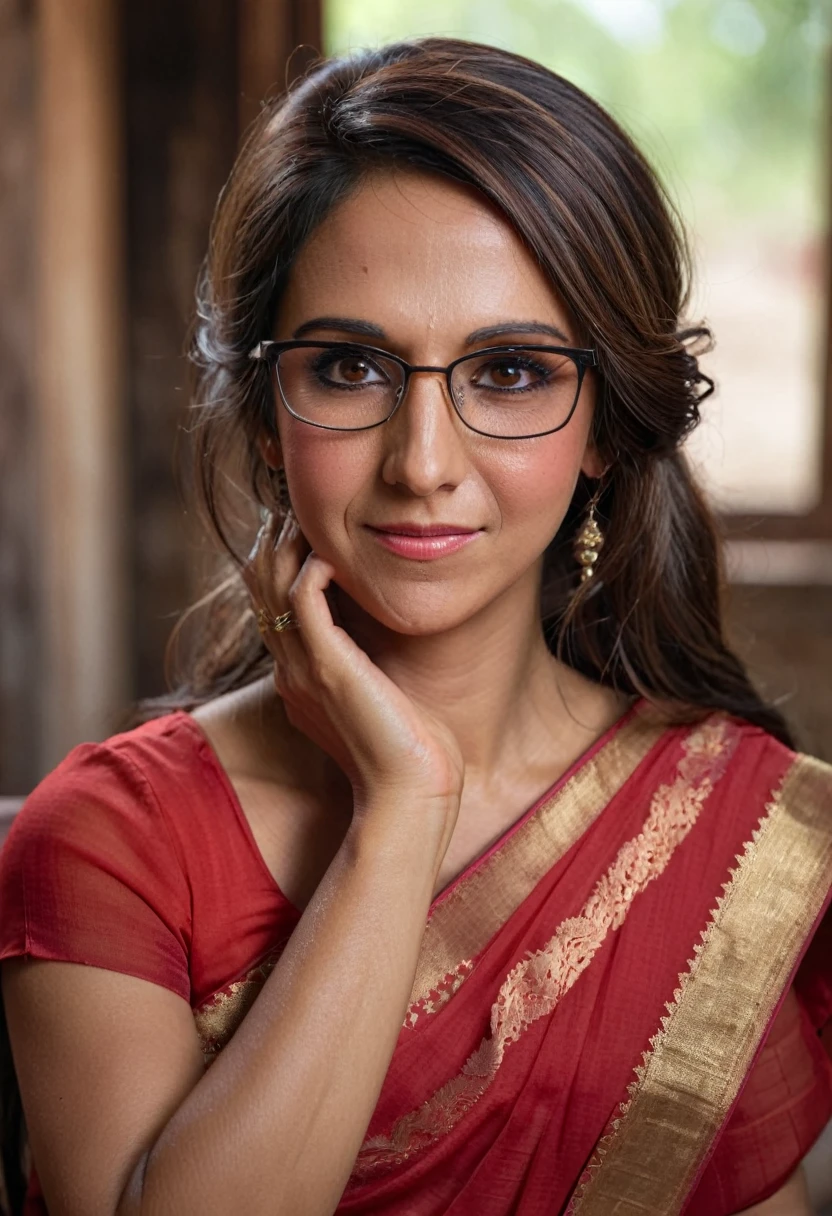 Lauren Boebert, 35 year old woman, glasses, brown eyes, beautiful hair, mascara, eyeshadow, blushing cheeks, slightly wrinkled skin, red saree, sitting in rustic home, bokeh,f1.4,40mm,photorealistic,raw,8k,skin pores,dried-up,textured skin,intricate details,dramatic light,award winning,style by Dan Winters,RAW photography,film grain,(indistinguishable from reality:1.4),photo taken with a Bolex H16,captivating eyes,smiling,charming,striking features,character,thorough,