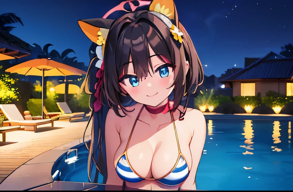 ((masterpiece)), ((best quality)), (ultra-detailed), pool, night, a cute girl, 1girl, solo, bikini, ((beautiful eyes)), smile