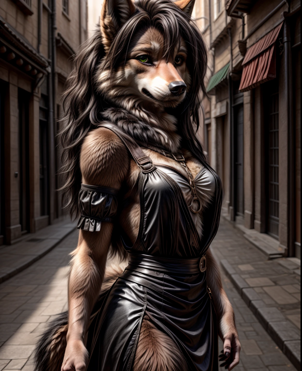 (masterpiece, best quality),altair, furry, furry female, 1girl, red eyes, animal_ears, canid, wolf, green choker, sketch, detailed fur skin, black military dress, sharp focus, fluffy, urban background,, uniform, dual tone fur, HDR, SFW, black animal nose , ull body solo, tail, white hair, wolf_ears , 8k, (ultra realistic photograph, RAW photograph, anthro furry:1.1), furry, furry female, 1girl, red eyes, animal_ears, electricity, glowing, (hair_over_one_eye), looking_at_viewer, black and white fur