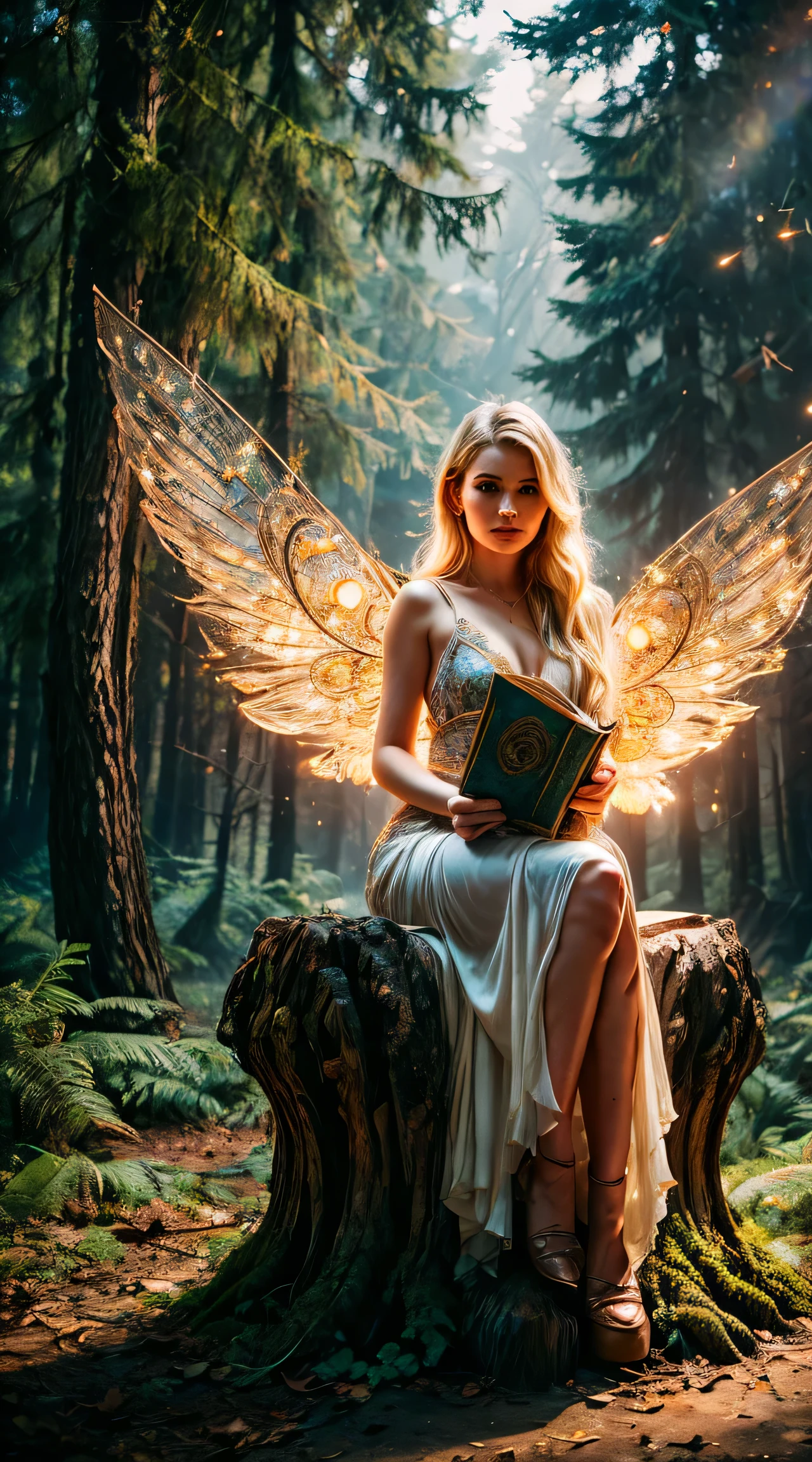 In the center of a mystical forest, a young girl with a fiery blonde and amber eyes sits gracefully on a poisonous mushroom. Your wings are a delicate work of art, glowing with intricate designs that glow in bioluminescent light. Around you there is a swarm of fireflies, casting a gentle, ethereal glow on the scene. in her hands, she holds an old leather book, its pages worn by age and wisdom. The composition is like a dream, with women as the focal point, enveloped by the enchanting glow of the forest around you. The perspective is from a slight angle above, capturing the magical essence of the moment.
