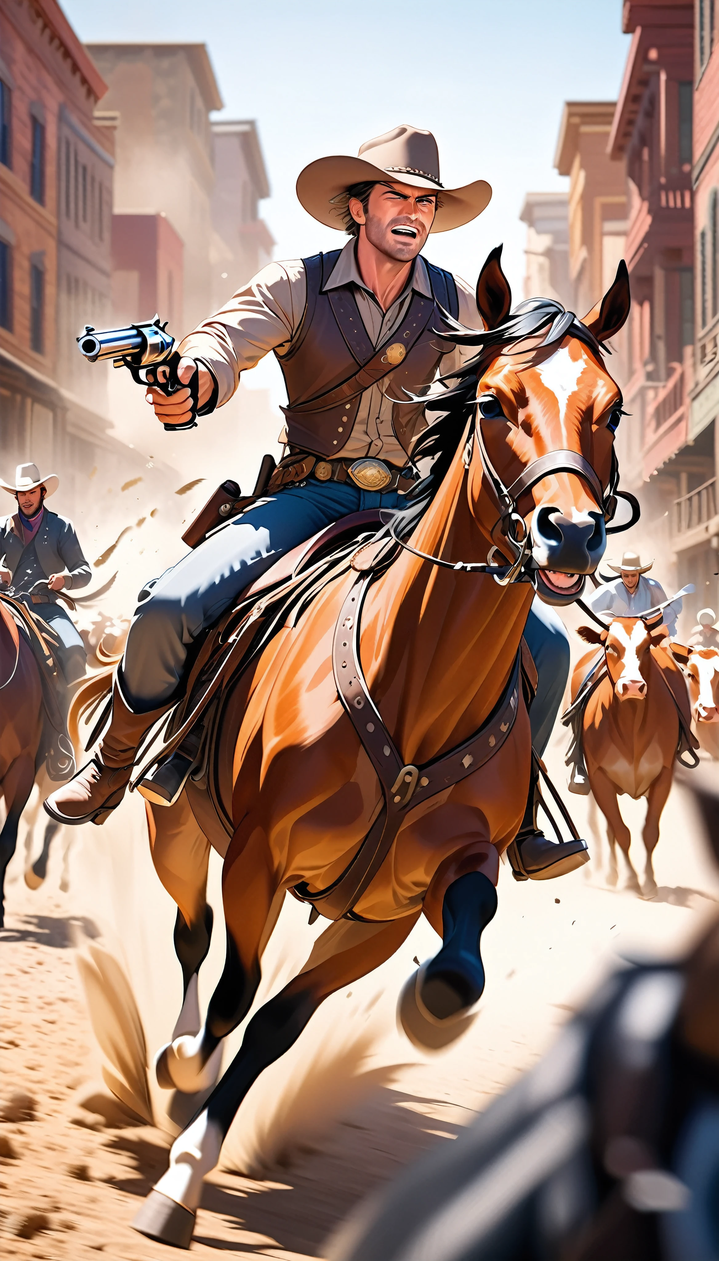 Western Cowboy, Wild West, Heading for the Gold City, Cattle Drive, Exciting shooting action, Dynamic Motion Blur, Confronting cattle thieves, Detailed and accurate revolver, Detailed and attractive facial expression, Riding a horse,