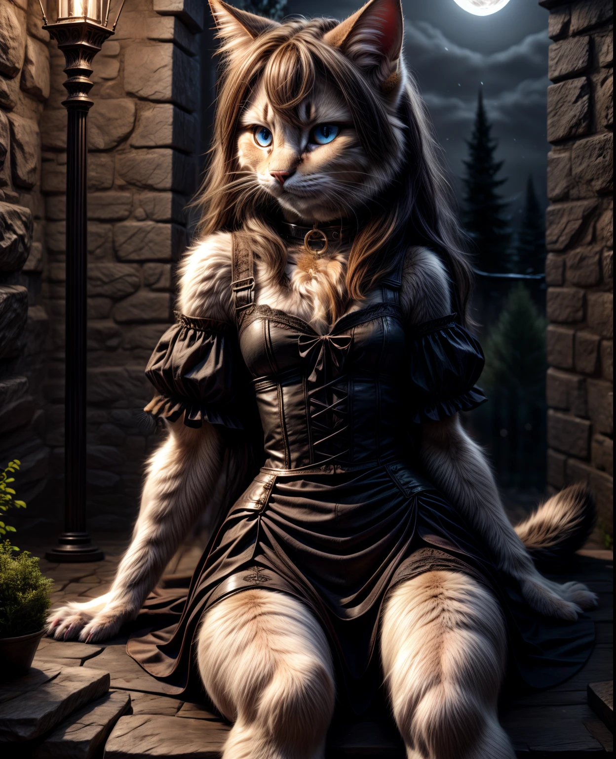 Ragdoll cat,furry,female,(beautiful and fluffy fur,fluffy and cute cat:1.1),SFW,(elegant and mysterious style,stylish gothic fashion:1.2), (dark and atmospheric ambiance:1.1),gothic collar,moonlit background,dramatic lighting,soft and gentle expression, piercing blue eyes,strong contrast,subtle shadows,detailed whiskers,sculpted paws,vivid colors,pastel tones,subtle gradients