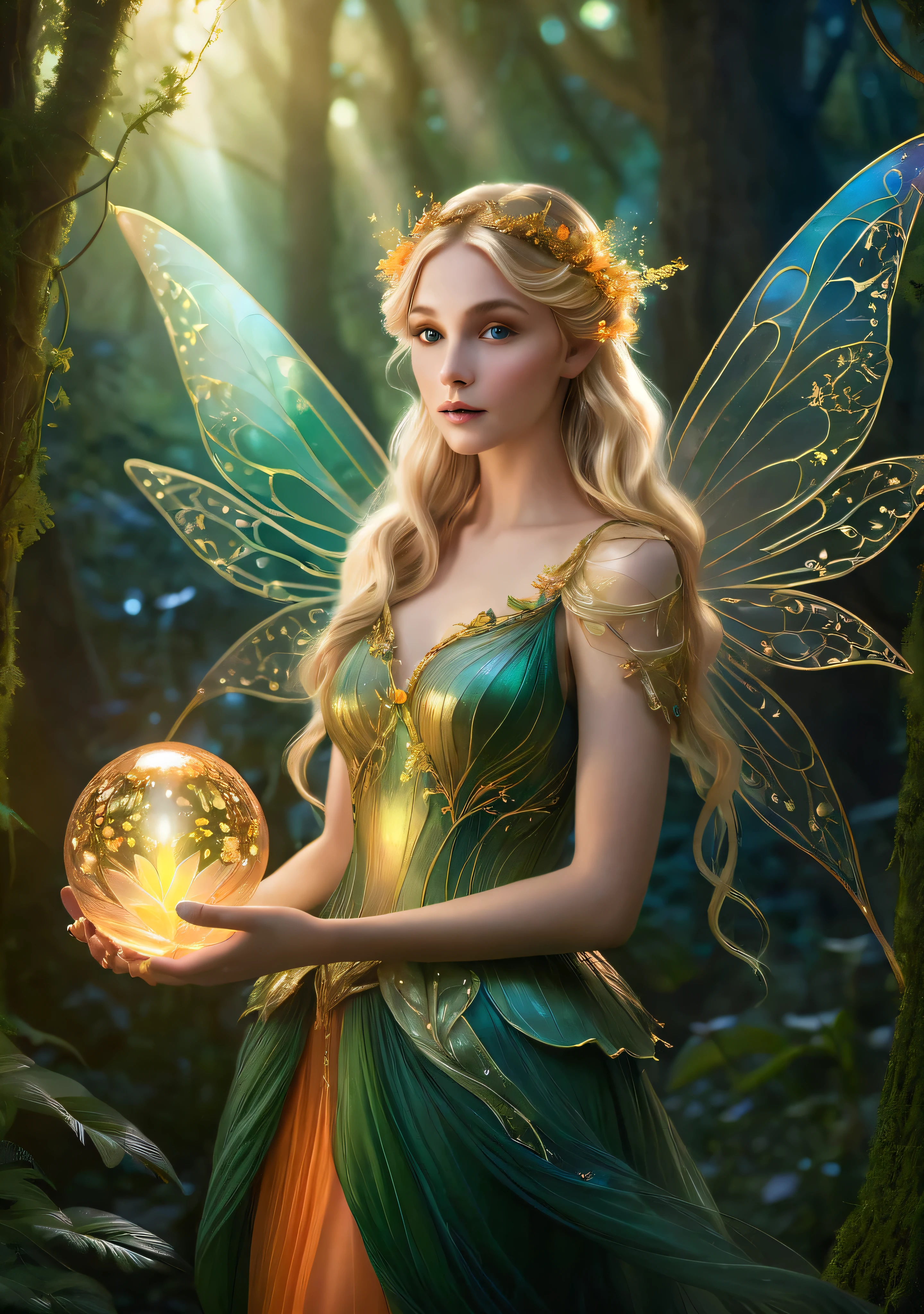 a hyperrealist, vibrant illustration of a mystical fairy in an enchanting forest setting. The central figure is a beautiful fairy with wavy blonde hair adorned with delicate flowers and leaves.. She has a serene expression as she looks at a glowing orb she holds in her hands.. Her outfit is a dark green and gold dress with metallic details.., emphasizing its ethereal nature. His large, iridescent wings mix shades of orange and gold, featuring delicate patterns. The background depicts a magical forest at dusk, with soft ambient lighting creating a mystical atmosphere. The lush, the dense forest is filled with hints of magical creatures and bright lights, increasing the enchanting feeling. The lighting highlights the fairy's delicate features and the intricate details of her costume, creating a captivating and other, cinematic, photoshot
