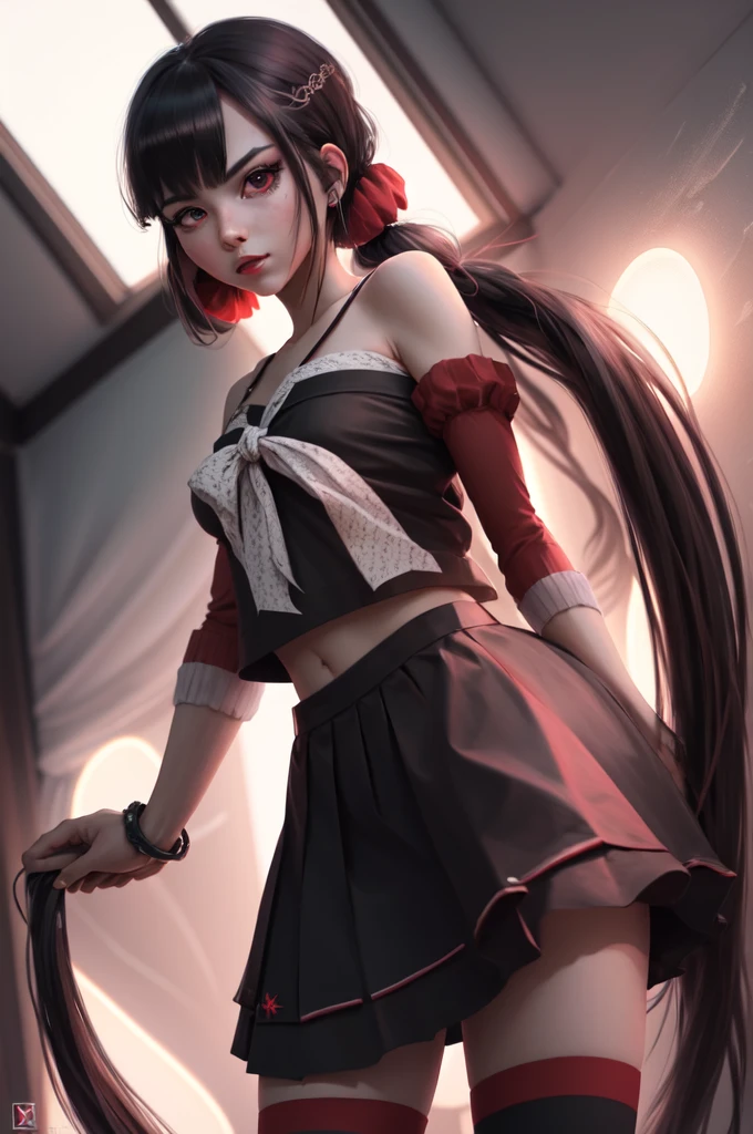 Maki H, Red knee socks, Black Skirt, Super detailed, (High resolution:1.1), Highest quality, (masterpiece:1.3), Cinema Lighting