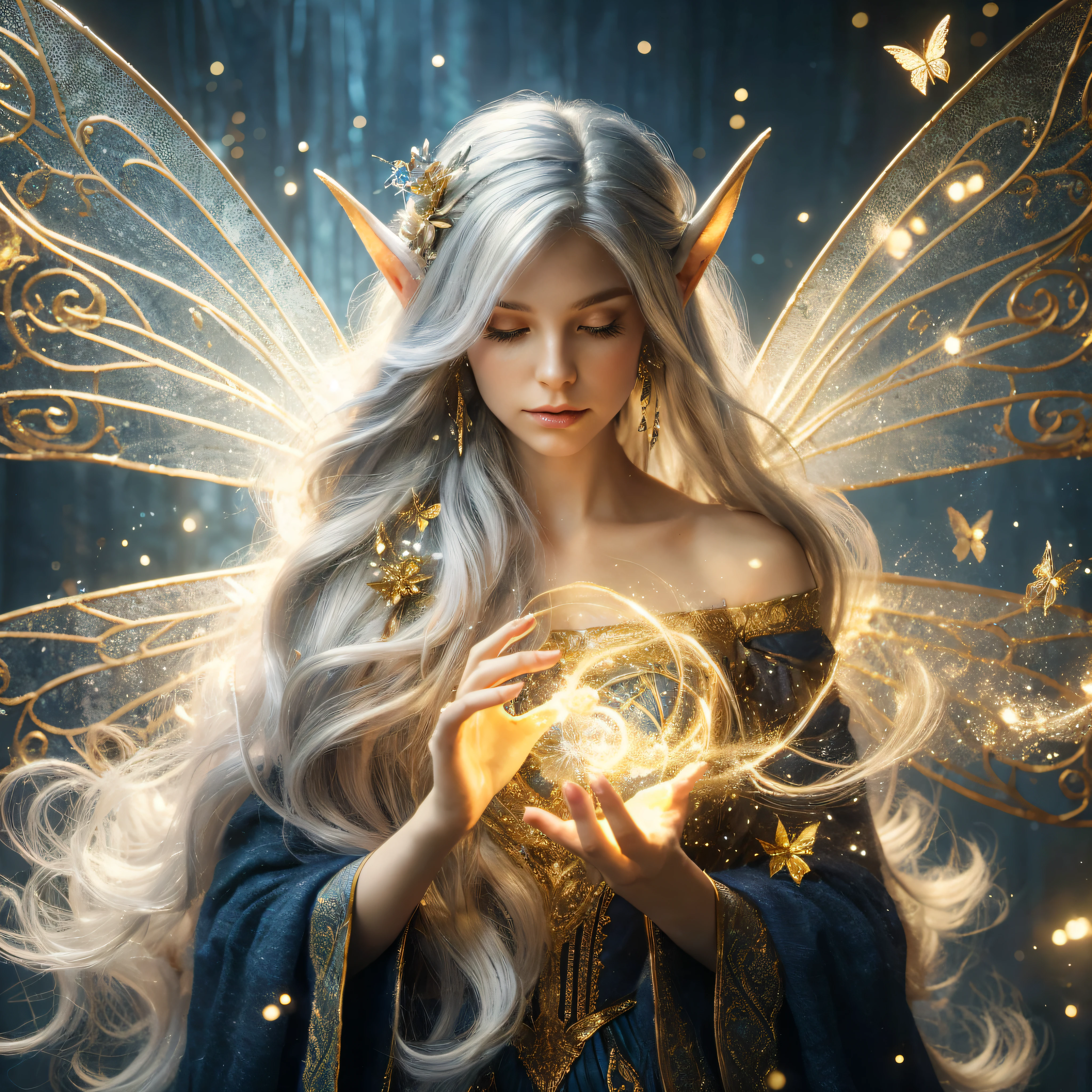 Photo of a magical winter elf fairy. She has pointy ears, long Plata hair and golden gossamer wings. she is casting a spell, magic light spinning between your hands. General feeling of magic, wonder and mystery. Navy blue color palette, gold, Plata. photorrealistic.