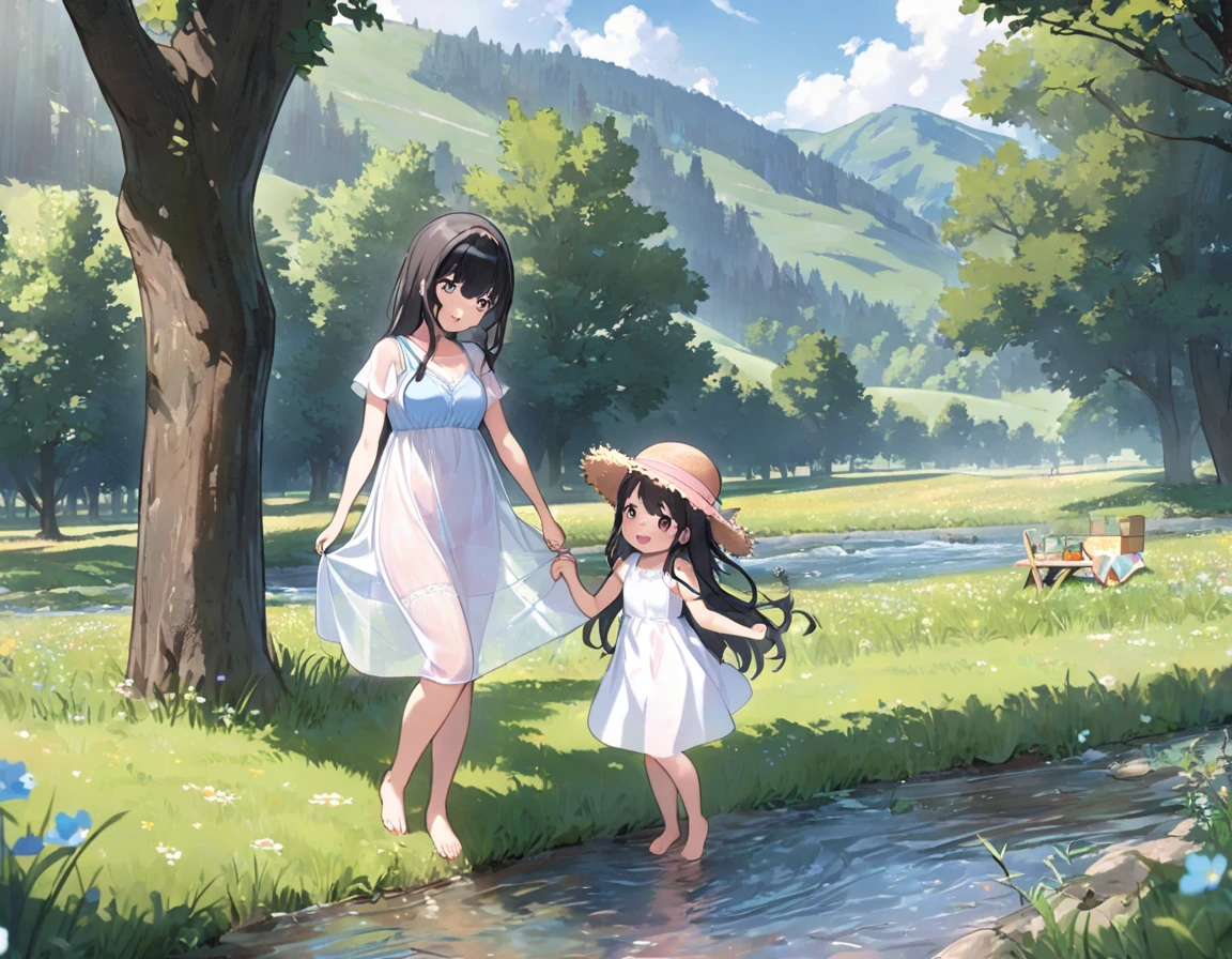 Straw hat、Girl with long black hair、(White dress、See-through blue bra)、(Underwear peeking out from under the dress、Showing off her cute pink underwear)、(barefoot、cute leather shoeoderately large、Standing posture、Two sisters around high school age holding hands、A meadow with a small stream running through it、picnic