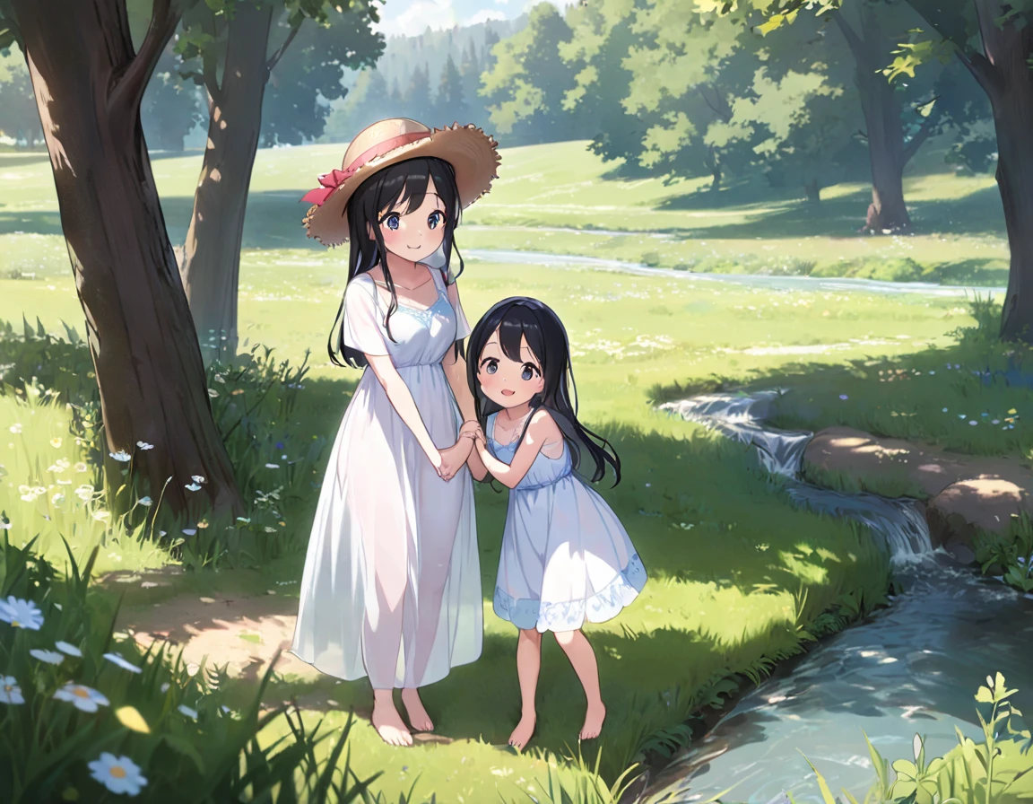 Straw hat、Girl with long black hair、(White dress、See-through blue bra)、(Underwear peeking out from under the dress、Showing off her cute pink underwear)、(barefoot、cute leather shoeoderately large、Standing posture、Two sisters around high  holding hands、A meadow with a small stream running through it、picnic