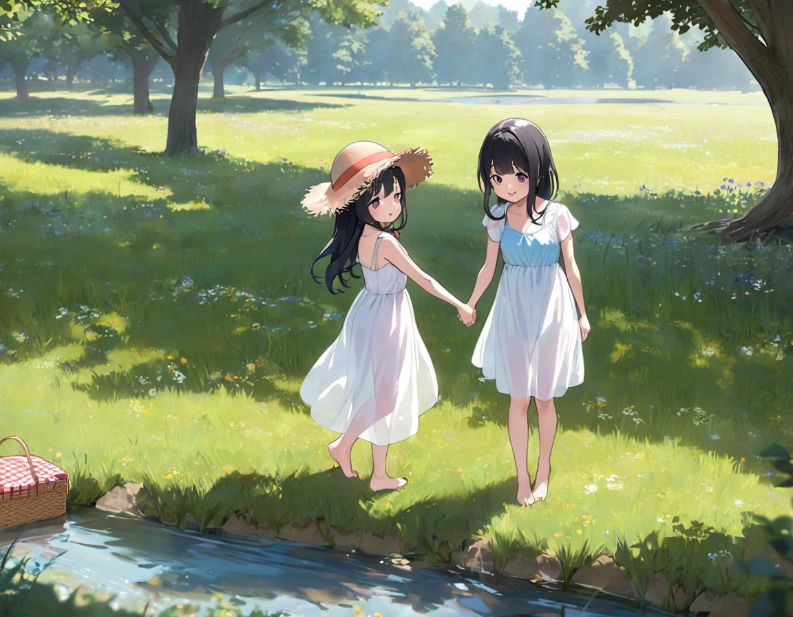 Straw hat、Girl with long black hair、(White dress、See-through blue bra)、(Underwear peeking out from under the dress、Showing off her cute pink underwear)、(barefoot、cute leather shoeoderately large、Standing posture、Two sisters around high school age holding hands、A meadow with a small stream running through it、picnic