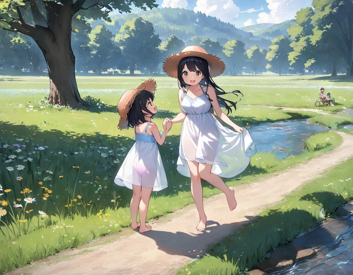 Straw hat、Girl with long black hair、(White dress、See-through blue bra)、(Underwear peeking out from under the dress、Showing off her cute pink underwear)、(barefoot、cute leather shoeoderately large、Standing posture、Two sisters around high school age holding hands、A meadow with a small stream running through it、picnic