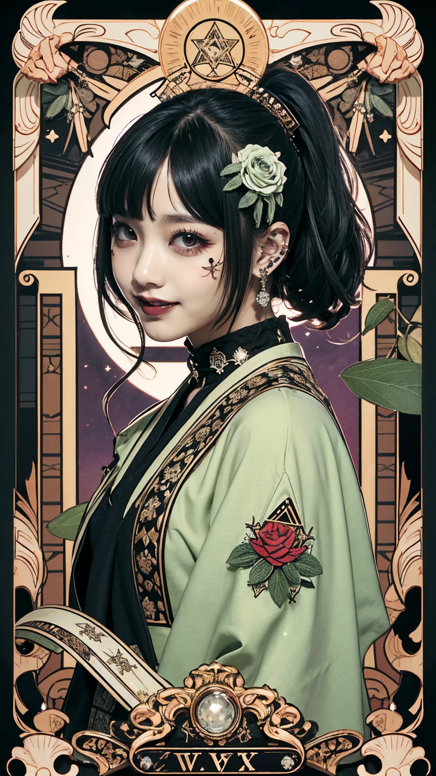 Realistic、A delicate and detailed masterpiece、Highest quality、Highest quality、(Tarot card style:1.3)、Purple Rose Background、One Woman、Upper body photo、(Sage、Majestic robes and a large, decorated staff:1.3)、(Gothic punk outfit:1.3)、(Black Hair、ponytail、Short Hair:1.2)、Natural Makeup、Eyelash extensions、Draw eyelashes sharply、Thin eyebrows、Deep orange blush、Grin, Showing teeth、Slightly red cheeks、16 year old female